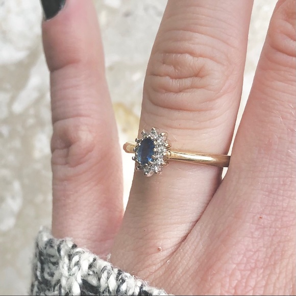 SOLD (Etsy) Light Blue Sapphire Diamond Halo Yellow Gold Ring - Picture 5 of 8